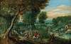 A wooded landscape with travellers by a river