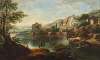 A mountainous river landscape with fishing boats and anglers, Roman ruins beyond