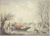 Winterlandschaft, auf dem Eis schieben drei Männer ein Boot dem Land zu, rechts ein Schlittschuhläufer, den ein Hund verfolgt