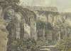 Römische Ruinen mit großem Bogen und hohen Mauern, von Pflanzen überwuchert
