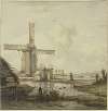 Windmühle vor einer Stadt mit hohem Turm, über einen abgegatterten Damm am Stock schreitend eine Frau