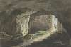 Ein Maler läuft mit seinem Zeichenbrett in eine mit einem gewaltigen Tor verschließbare Felshöhle