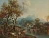 An Italianate lake landscape with travellers crossing a bridge, a lakeside town beyond