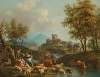 An Italianate river landscape with drovers and cattle on a track, a village beyond