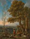 A classical Italianate landscape with a goatherd and his flock, mountains beyond