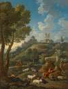 A classical Italianate landscape with a shepherd and his flock, other figures and a hilltop town beyond