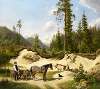 Two men with carts in front of a pine forest