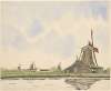 Oliemolen De Kerkuil aan de Zaan, met drie molens op de achtergrond. De Kerkuil stond binnendijks, tegenover de Wormerveerderkerk; afgebroken ca. 1892