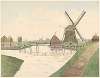 Watermolen Het Leven, Zaandijkerwegje, met over het water een houten loopbrug. Op de achtergrond fabrieksgebouwen