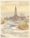 Gezicht op de kerk, op de voorgrond water