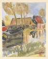 Huizen en boot aan water