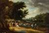 A nobleman in a state coach at rest escorted by his men and horses, with a gentleman on a white horse approaching and landscape beyond
