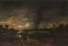 A moonlit river landscape with figures on the bank and a town beyond