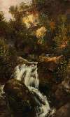Felsenstudie mit Wasserfall (herabstürzender Wildbach, von Bäumen umgeben)