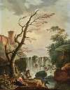 Fishermen at the edge of a rocky basin, a waterfall and a castle in the background