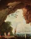 Mediterranean coastal scene with a couple dancing under an overhanging rock, a boat nearby