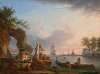 View of a port at sunset with fishermen and a couple in oriental dress
