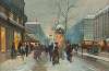 Grands Boulevards sous la neige à la tombée de la nuit