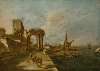 Capriccio with a ruined arch, a tower beyond and a seaport with boats and small vessels, a domed church in the distance