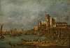 Capriccio with an arsenal, several shipwrights at work in a boatyard, boats and a town with towers beyond