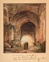 Two monks in front of an ancient tomb under Roman arcades