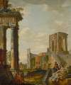 Roman ruins with characters.