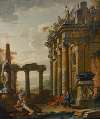 Roman ruins with characters