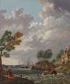 A river landscape in a storm, with sailing vessels and a rowing boat in choppy waters, a rainbow in the distance