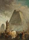 Banditti by a fountain with a statue of abundance, two pyramids beyond