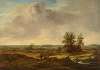 A dune landscape with three travelers and a dog at rest