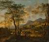 Extensive Italianate landscape with a traveler and drovers on a road, a farmhouse and a village beyond
