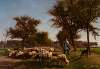 Shepherd with dogs tending his flock