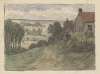 Chemin et maison, bouquets d’arbres, dans un paysage vallonné