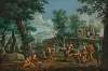 Villagers playing music, dancing and resting, in a wooded, mountainous landscape