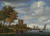 A river estuary with sailboats and fishermen pulling in nets, a fortified castle and horse-drawn wagon on the bank