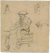 Man with a pipe sitting at a table, study of a hand, smoking man and a jar
