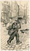 Man sjouwt een zak door een straat