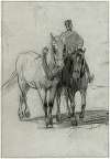 Een man te paard leidt een tweede paard