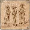 Drie staande mannen met hoed en knuppel