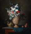 Bouquet of Flowers in a Terracotta Vase with Peaches and Grapes