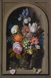 A Still Life Of Flowers In A Glass Beaker Set In A Marble Niche