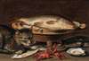 A Still Life With Fish In A Ceramic Collander, Oysters, Langoustines, Mackerel And A Cat On The Ledge Beneath