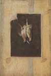 Trompe L’oeil. Board Partition With A Still Life Of Two Dead Birds Hanging On A Wall
