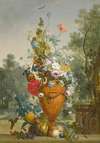 A Vase Of Peonies, Chrysanthemums And A Carnation With Exotic Fruits In A Garden