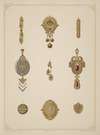 Nine Designs For Jewelry, Including Gold Brooch With Green And Red Stones.