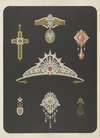 Seven Designs For Jewelry, Including Tiara With Red Stone.
