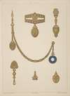 Six Designs For Jewelry, Including Gold And Blue Pendant Watch.