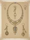 Six Designs For Jewelry, Including Large Necklace With Gold Pendant With Blue Stones.