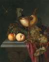 Still life with a Nautilus cup, grapes and peaches