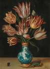A still life with parrot tulips in a Wan-Li vase, a fly and a lizard